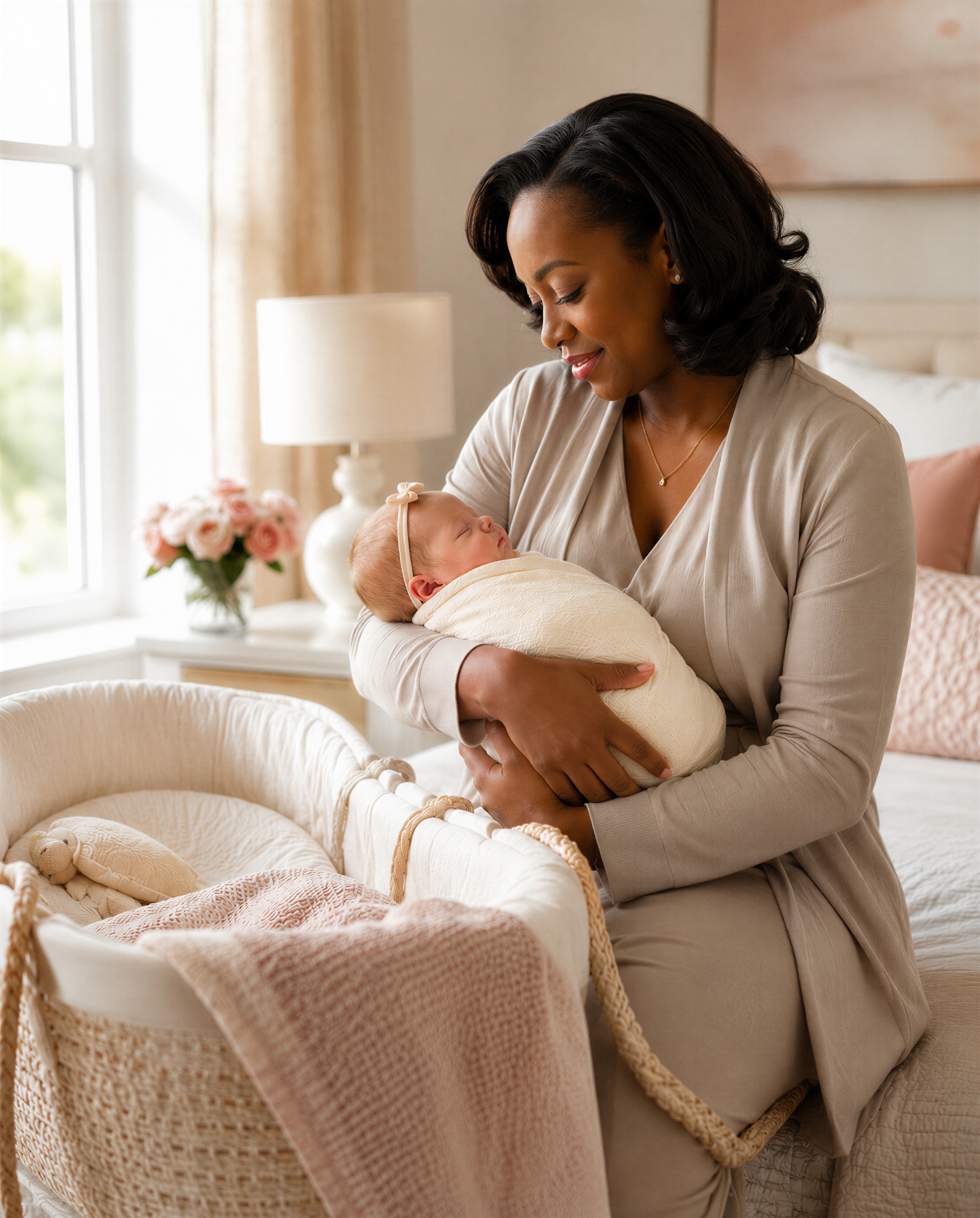 A caregiver cradling a swaddled newborn beside a bassinet in a softly lit bedroom