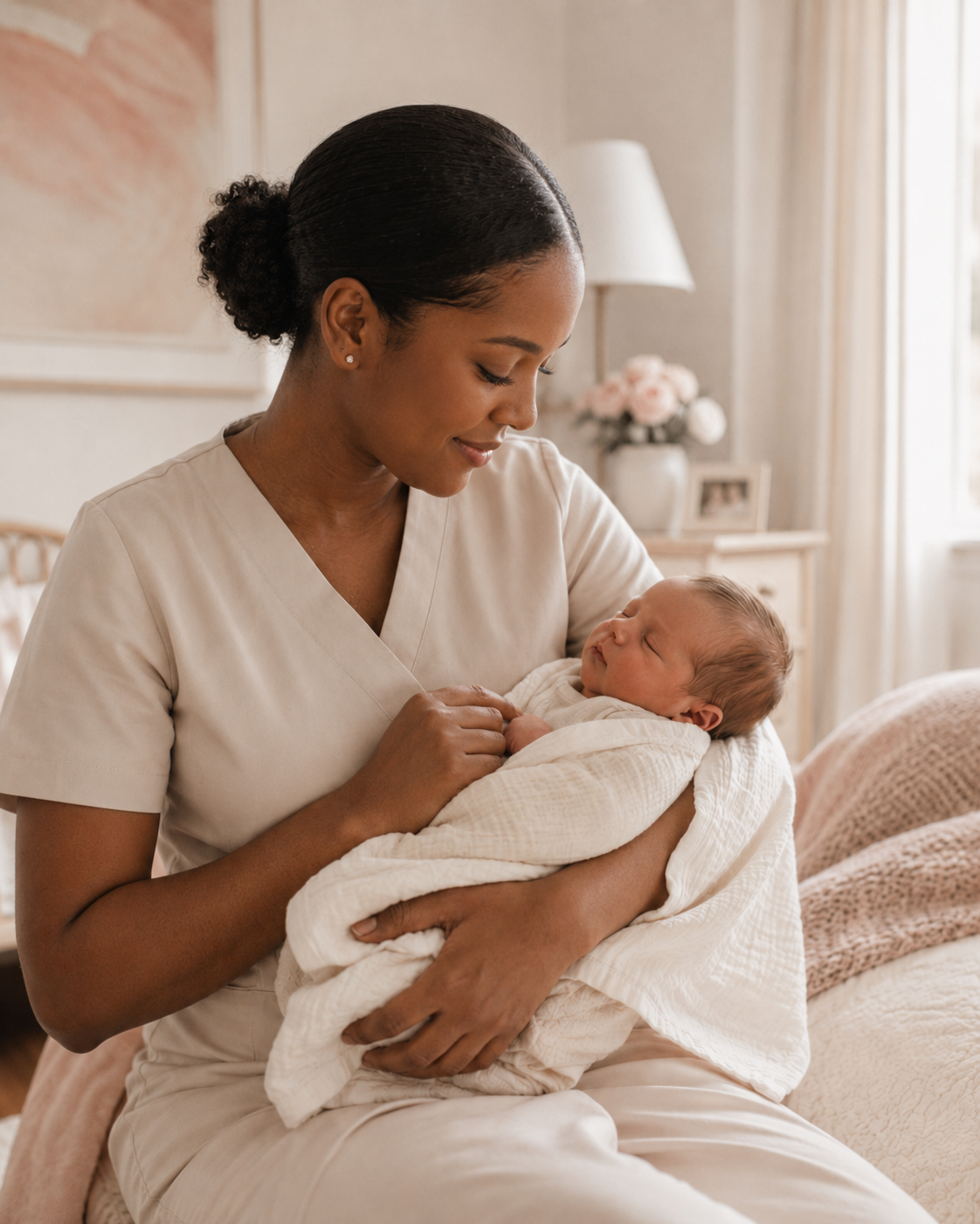 Newborn care specialist holding and caring for a baby in the family's home