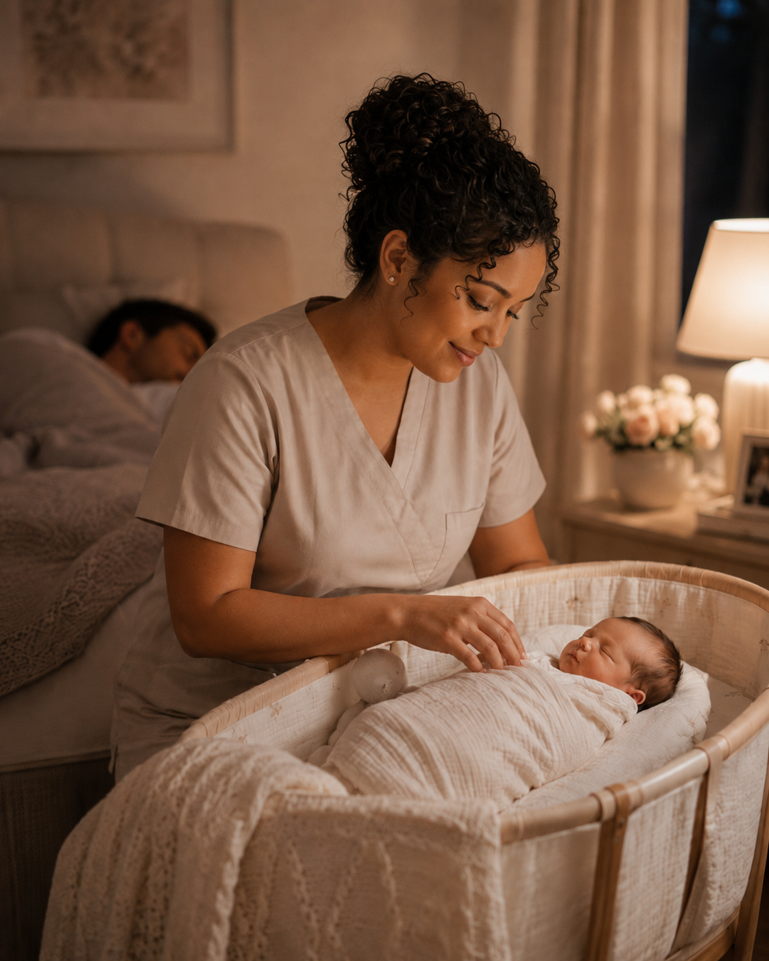 Newborn care specialist caring for a sleeping baby overnight