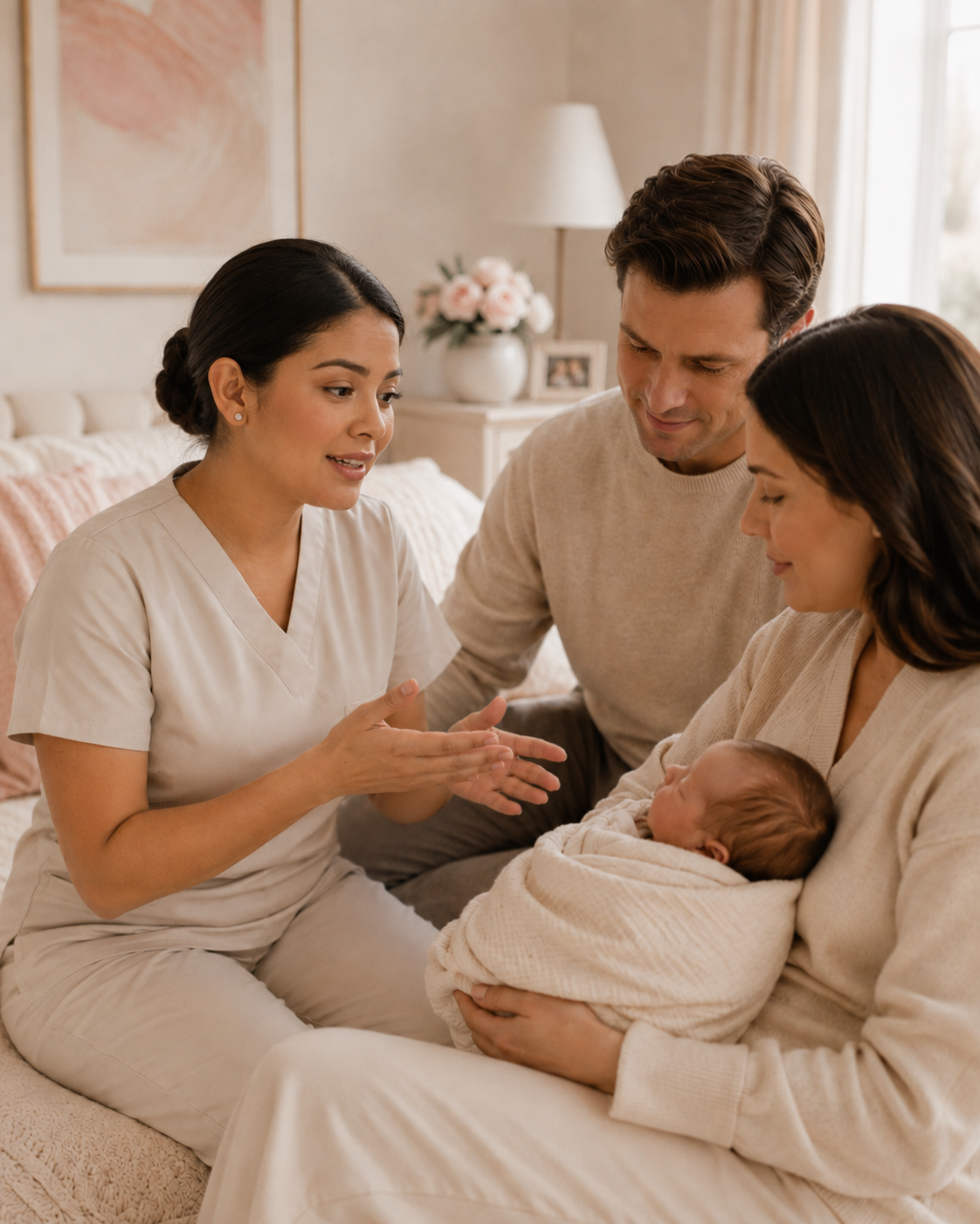 Newborn care specialist guiding parents as they care for their baby
