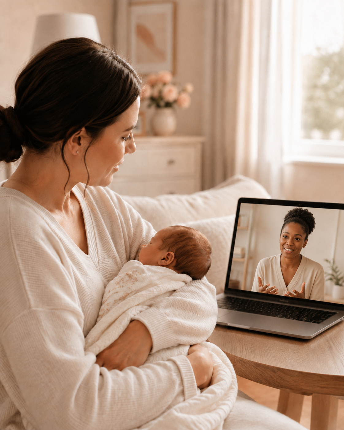 Mother holding her newborn while receiving virtual newborn guidance